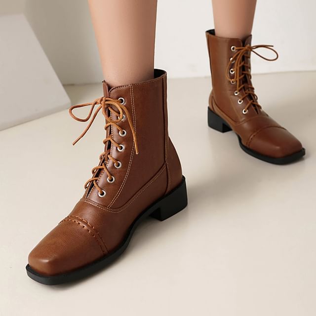 Megan-Square Toe Lace-Up Short Boots