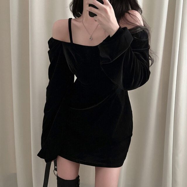 Hinf Long-Sleeve V-Neck Cold Shoulder Velvet Mini Dress YesStyle