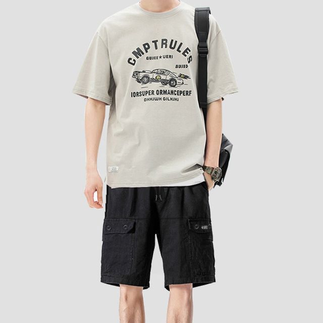 Lamelon - Short-Sleeve Car Print T-Shirt / Cargo Shorts | YesStyle