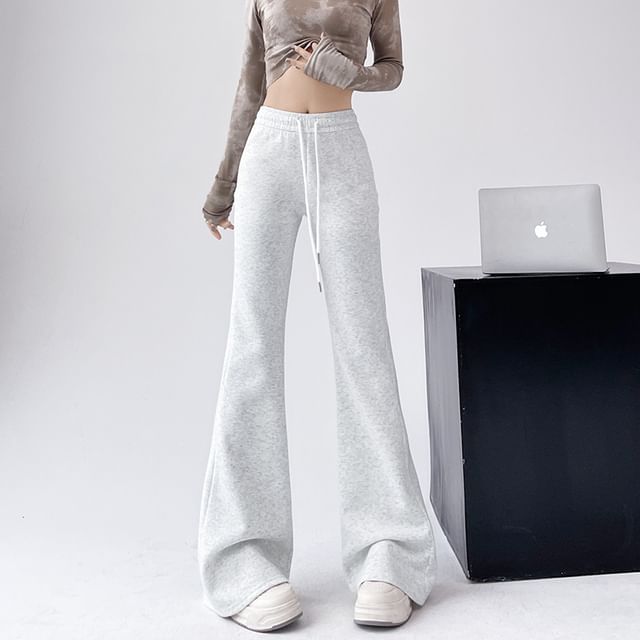 Dovitade-Drawstring Waist Plain Flared Sweatpants