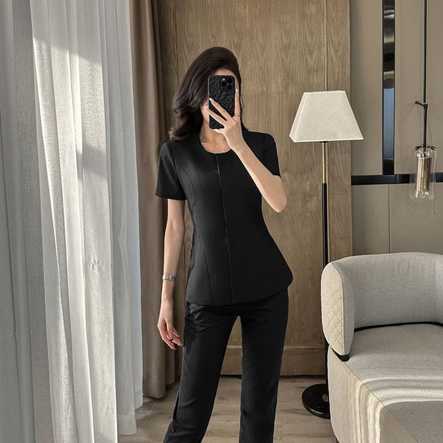 Skyheart-Short-Sleeve Round Neck Plain Single Breasted Blazer High Waist Plain Dress Pants Set