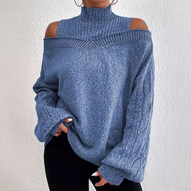 Beaustreet-Mock Two-Piece Cold-Shoulder High Neck Plain Ribbed Sweater
