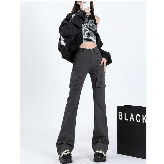 Denimot-High Rise Plain Flared Cargo Pants