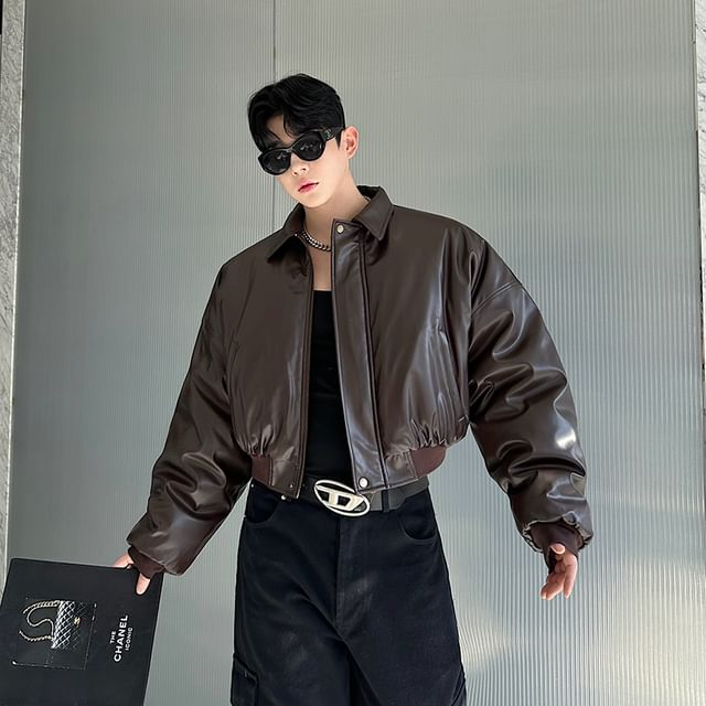 Orungeetun-Collared Plain Faux Leather Zip Puffer Jacket