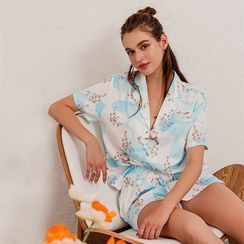 Simplee - Pajama Set: Short Sleeve Printed Shirt + Shorts
