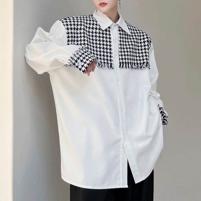 ravewider-Houndstooth Panel Fringed Oversized Shirt