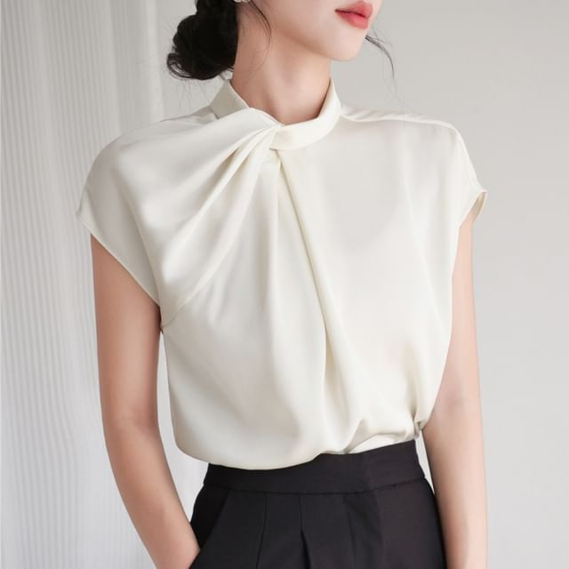 Omibayo-Cap-Sleeve Stand Collar Plain Ruched Blouse