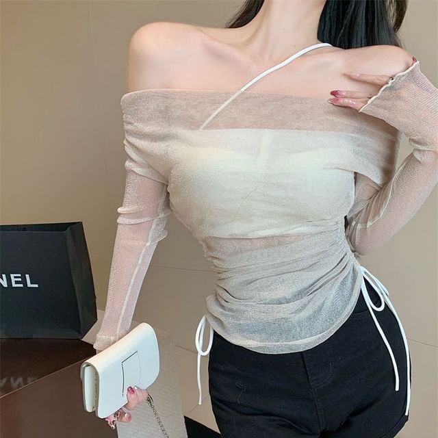 Yako-Long-Sleeve Off-Shoulder Glitter Drawstring Tee