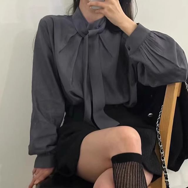 Coris-Long Sleeve Stand Collar Plain Tie-Up Blouse