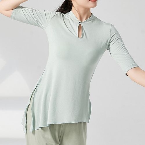 Elbow-Sleeve Mandarin Collar Plain Asymmetrical Slit T-Shirt