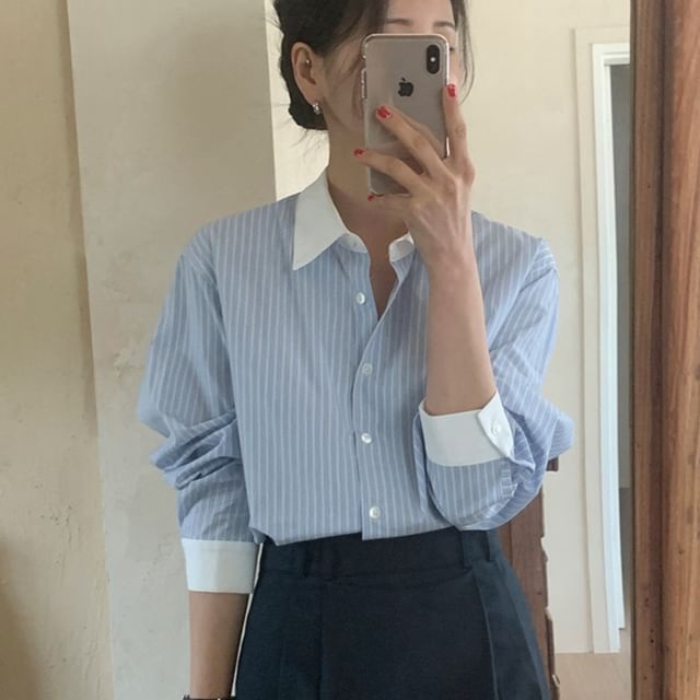 Cossita-Long Sleeve Collared Striped Panel Shirt