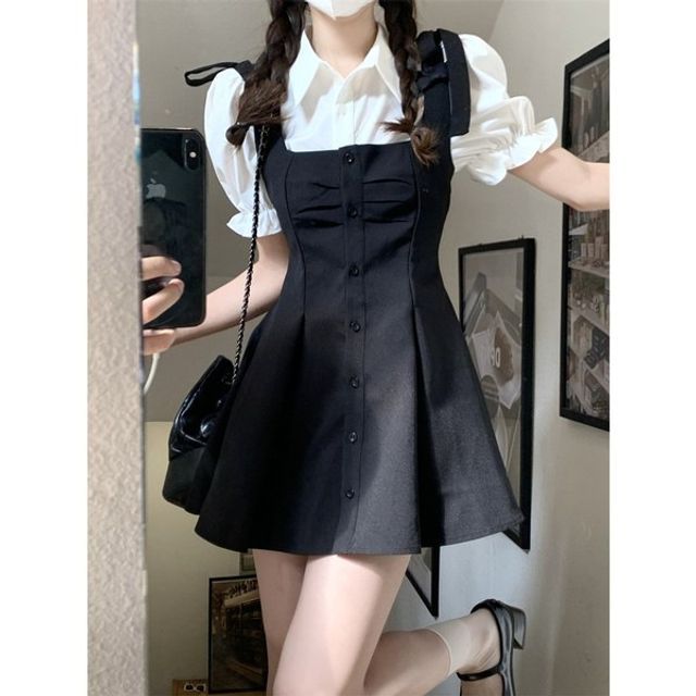 Ororoar - Set: Short-Sleeve Plain Shirt + Square Neck Button-Up Mini A-Line Pinafore Dress | YesStyle Ororoar - Set: Short-Sleeve Plain Shirt + Square Neck Button-Up Mini A-Line Pinafore Dress | YesStyle