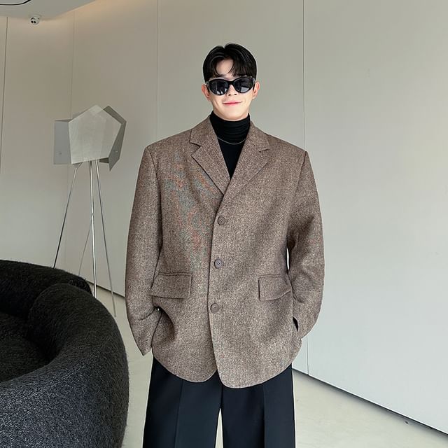 Orungeetun-Lapel Collar Plain Oversized Single-Breasted Blazer