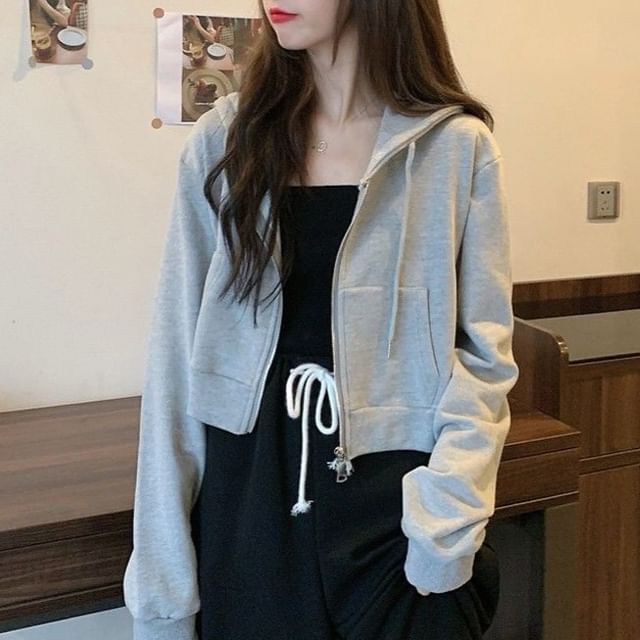 monroll-Plain Crop Zip-Up Hoodie