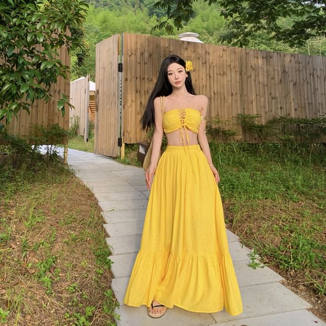 Long Skirt Yellow Denim Skirt Xl Set: Lace-Up Bandeau Top High