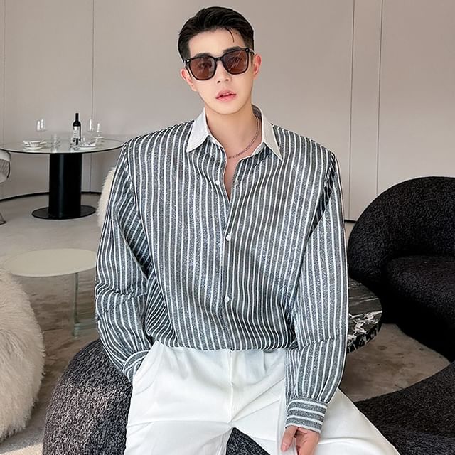 Freehop-Long-Sleeve Collared Striped Shirt