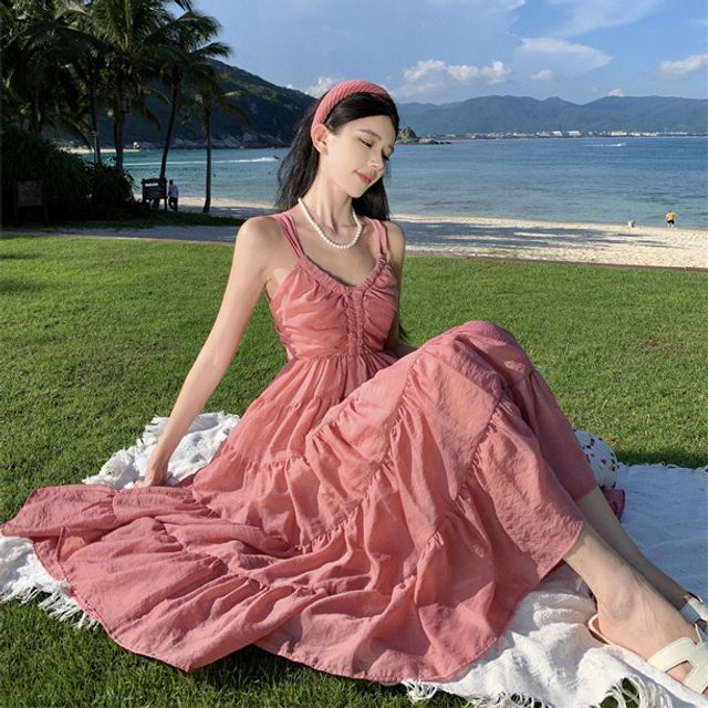 Western Knee Length Short One Piece Dress Spaghetti Strap Plain Frill Panel Button Midi A-Line Western Knee Length Short One Piece Dress Spaghetti Strap Plain Frill Panel Button Midi A-Line