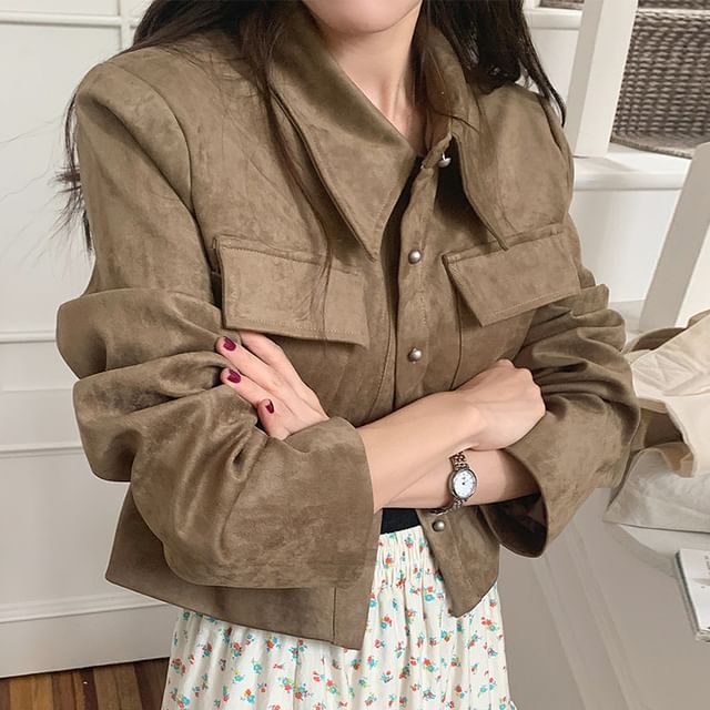 Coris-Collared Plain Faux Suede Button Jacket