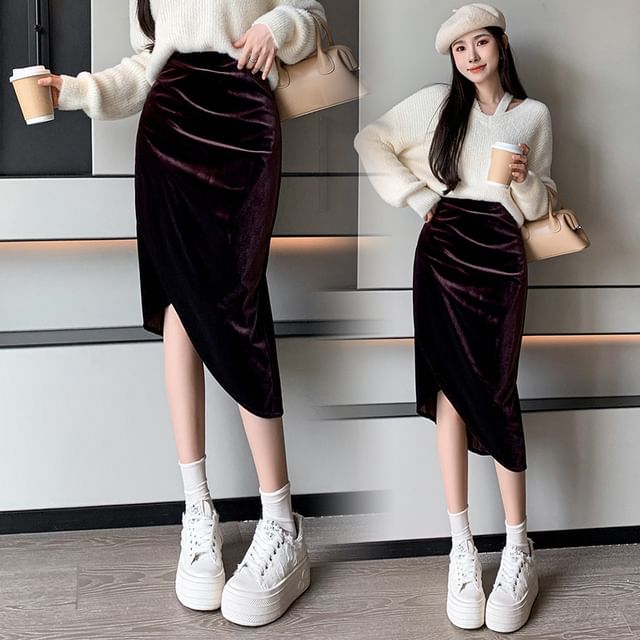 Odestra High Waist Plain Asymmetrical Slit Velvet Midi Pencil