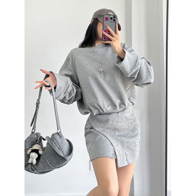 KUMI-Oversized Plain Pullover Asymmetrical Slited Mini Skirt