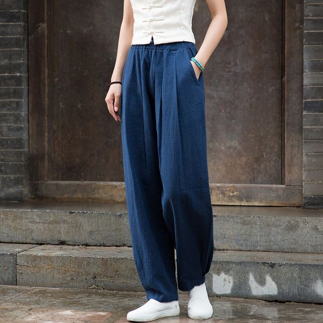 Lewwe-Mid Waist Plain Baggy Ramie Pants
