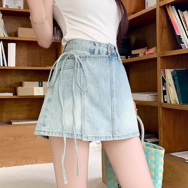 Wildfoea-High Waist Washed Tie-Up Mini Denim Skort