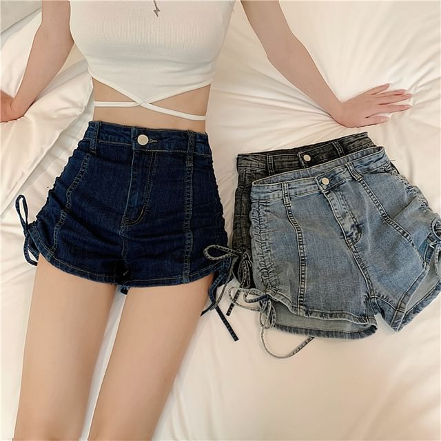 Essere-High Waist Washed Drawstring Denim Shorts