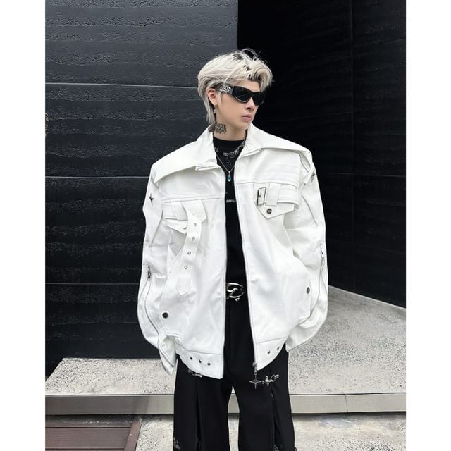 Bay Go Mall-Faux Leather Collared Zip-Up Jacket