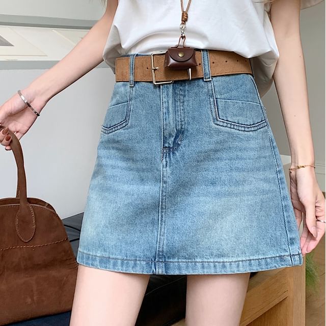 Shopherd-High Waist Washed Denim Mini A-Line Skirt