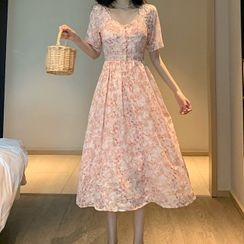 Xavia - Short-Sleeve Floral Midi A-Line Dress