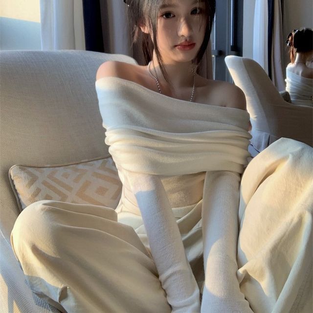 PINPI-Long-Sleeve Off Shoulder Plain Knit Top