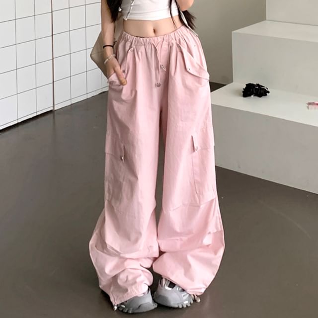 Duwnie-Drawstring Waist Plain Baggy Cargo Pants