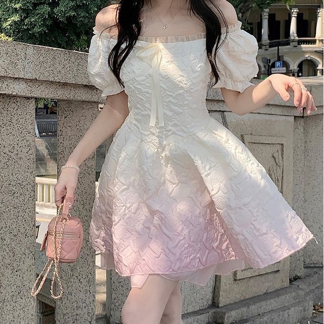 gradient mini dress Closette - Puff-Sleeve Gradient Mini A-Line Dress