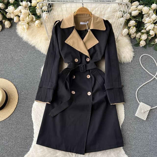Lucuna - Lapel Collar Two Tone Belted Double-Breasted Long