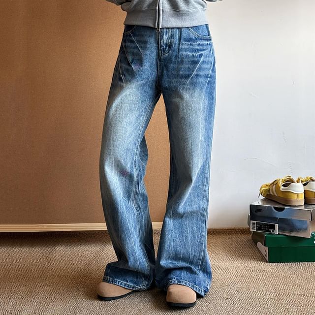 ROOSE-Mid Rise Washed Wide Leg Jeans