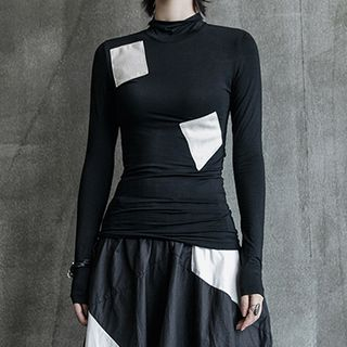 SIMPLE BLACK-Color Block Long-Sleeve T-Shirt