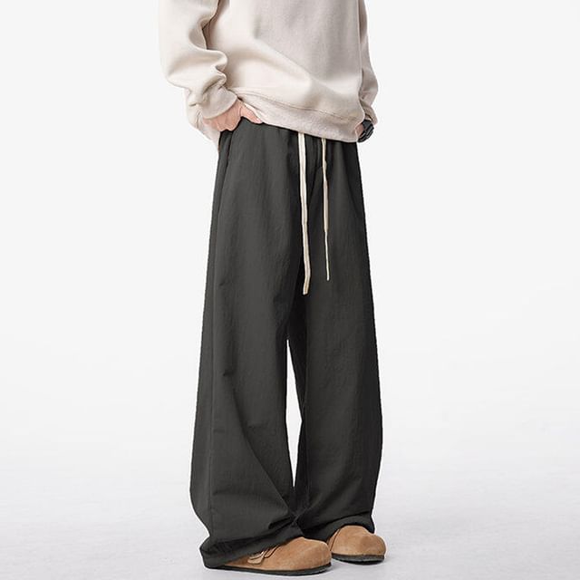 Kimeya-Drawstring Waist Plain Wide Leg Pants