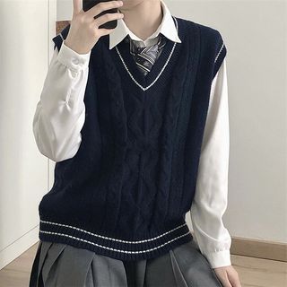 Shakram V-Neck Striped Cable Knit Sweater Vest Sale