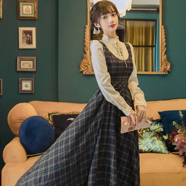 Mock Two-Piece Long-Sleeve Plaid A-Line Dress