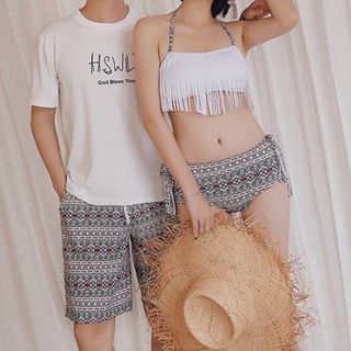 swim shorts and bikini top