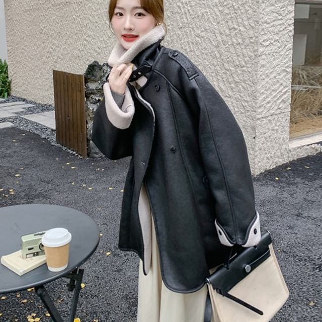 Tzarkozy-Turtleneck Button-Up Faux Leather Coat