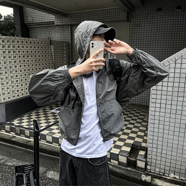 mopagrati-Hooded Zip-Up Plain Crop Jacket