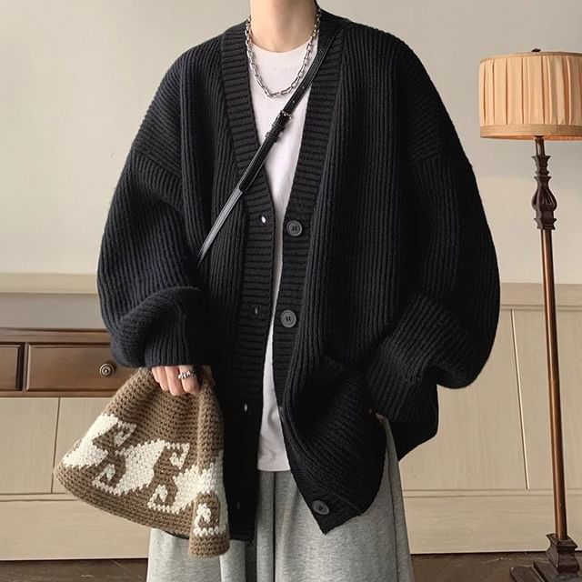 Bay Go Mall-V-Neck Plain Ribbed Cardigan