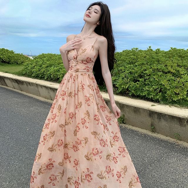 Moanum - Spaghetti Strap Floral Open Back Midi A-Line Sundress | YesStyle