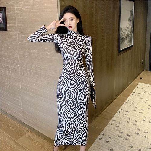 Aciaga - Long-Sleeve High Neck Zebra Print Midi Bodycon Dress | YesStyle Aciaga - Long-Sleeve High Neck Zebra Print Midi Bodycon Dress | YesStyle