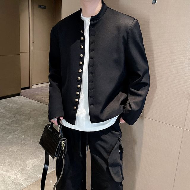 Orungeetun-Band Collar Plain Button Blazer