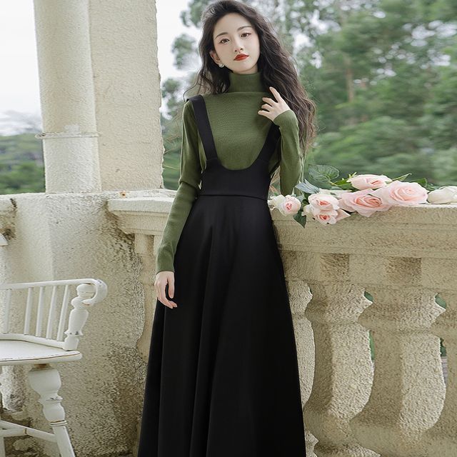 Nebbia - Set: Turtleneck Plain Knit Top + Suspender Midi A-Line Dress |  YesStyle