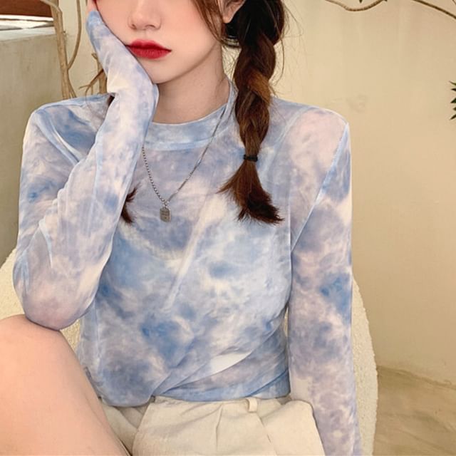 Essere-Long-Sleeve Round Neck Tie Dye Tee