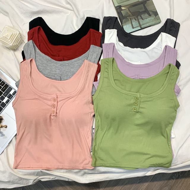 Maisee-Plain Ribbed Henley Tank Top