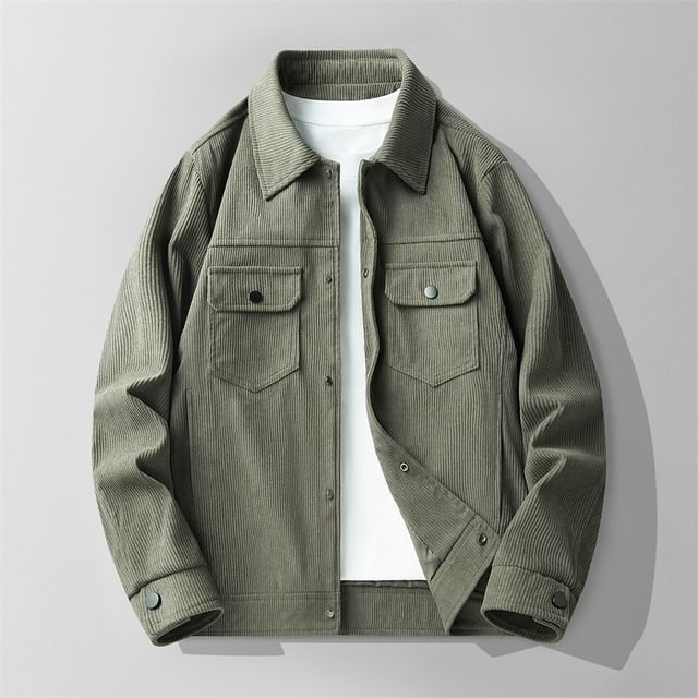 Dandyluxe-Collared Plain Corduroy Button-Up Jacket